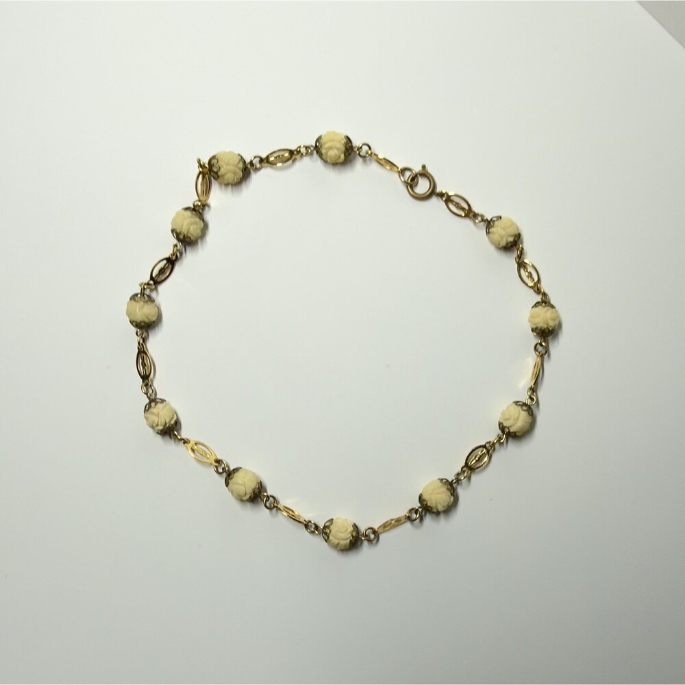 Vintage Gold Tone Chain Ivory Rose Floral Flower Choker Collar Necklace